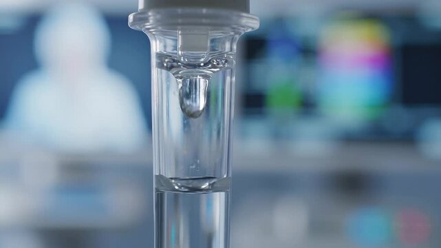Close-up of a clear glass pipette with liquid on a laboratory counter with blurred colorful background and equipment.