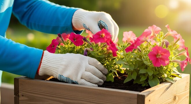 Hands gently planting vibrant pink flowers in a wooden planter box outdoors