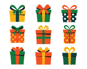 Collection of colorful gift boxes with ribbons and bows