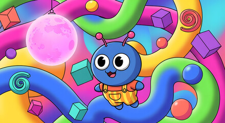 Obraz premium Vibrant cartoon alien exploring colorful abstract world with swirling shapes