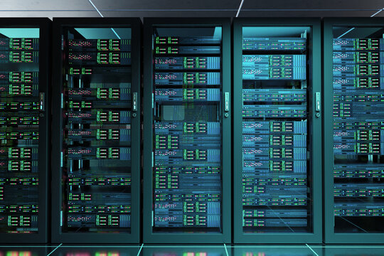 Data center, IT infrastructure operations. Server racks with active network equipment, data processing, cloud computing, cybersecurity and enterprise hosting services.