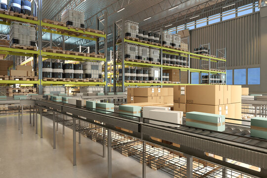 Modern warehouse with conveyor belts moving packaged goods through tall pallet racking, supporting efficient inventory handling and automated order fulfillment.