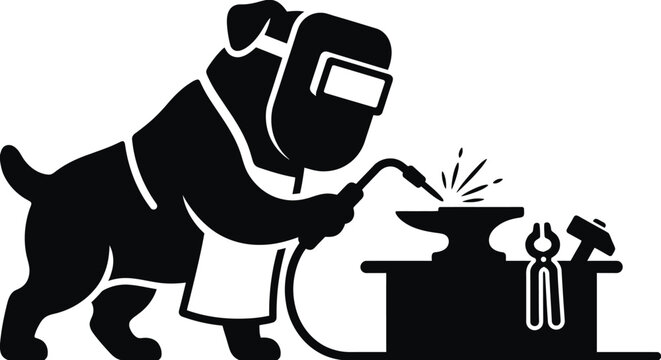 Dog Metalworking Silhouette Vector &ndash; Cute Canine Welder or Blacksmith Illustration