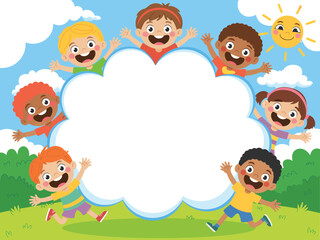 Fototapeta premium Happy children holding a big cloud in the sky