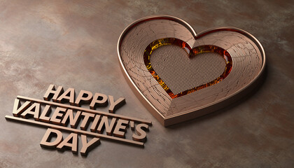 Miedziano bursztynowe serce wytłoczone na miedzianym tle z napisem "Szczęśliwego dnia zakochanych"