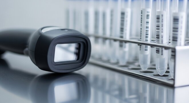 Barcode Scanner and Test Tubes in Laboratory Setting.
