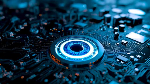 Advanced microchip circuit with glowing central core, intricate electronic components, blue lighting, precision engineering, and computing depth