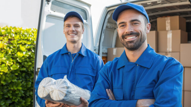 Two male movers in blue uniform carrying wrapped mattress from house to van, faceless workers, furniture delivery service, relocation team, loading boxes nearby, with copy space 