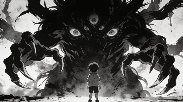 Scared boys confrontation with giant horror monster in dark, black and white anime art illustration, creating overwhelming fear and dread