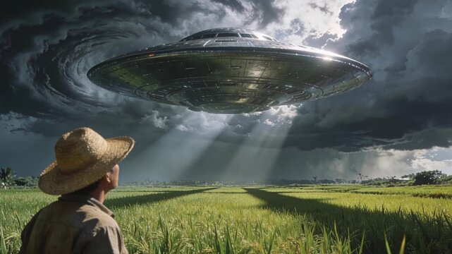Awe struck farmer watching UFO spaceship hovering over vast rice field. Cinematic alien invasion concept under dramatic cloudy sky