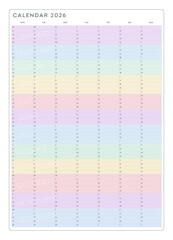 A colorful 2026 calendar with pastel colors on a white background