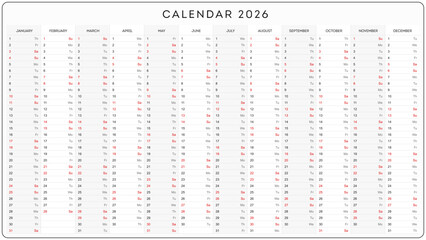 A close-up view of a calendar for the year 2026