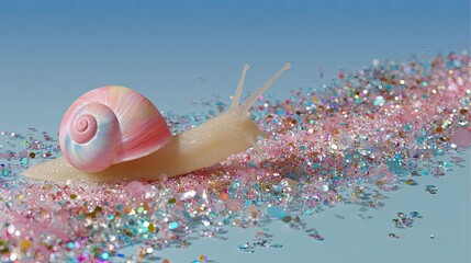 Fototapeta premium Colorful Snail Exploring Sparkling Glitter Trail Enchanting Fantasy Environment Macro Photography Vibrant Atmosphere Close-Up Perspective