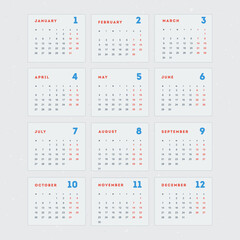 A calendar with all 12 months of the year displayed