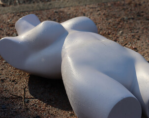 Eine halbnackte Schaufensterpuppe im Morgentau