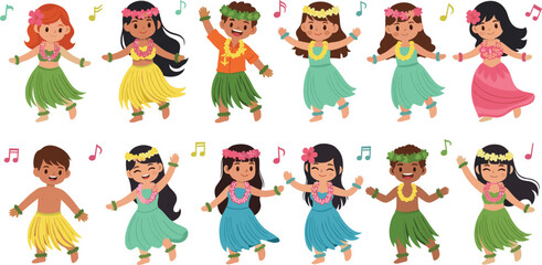Cute Cartoon Hawaiian Hula Dancers Set Featuring Boys and Girls in Traditional Luau Outfits with Tropical Leis and Grass Skirts (20 words) © MstAnufa