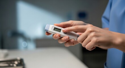 Fototapeta premium Close up of a medical professional holding a digital thermometer.