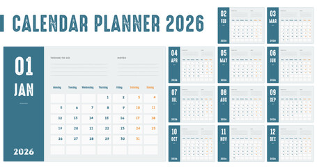 A calendar planner for the year 2026 with monthly spreads