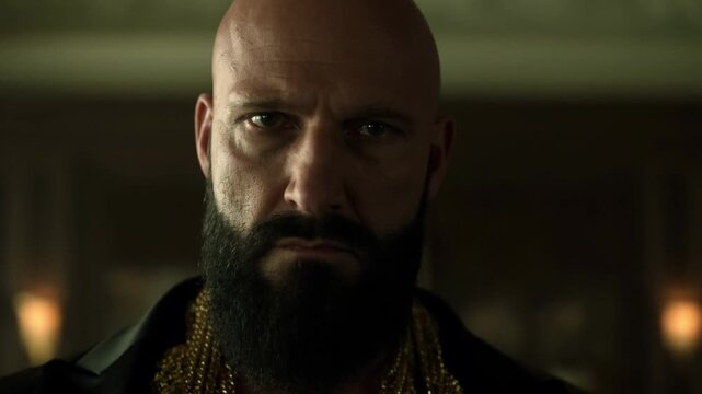 Intense bald man with beard and gold chains in dark room exudes confidence and power, perfect for luxury, fashion, or editorial projects. Mexican cartel