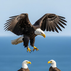 Fototapeta premium Bald eagle in mid-flight, wings spread wide, with two other eagles perched below against a blurred ocean and sky.