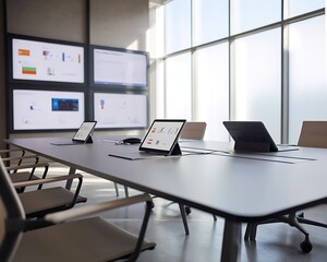 Naklejka premium Bright conference room with a long table, laptops, tablets, and a wall of four digital screens displaying charts and graphs, with large windows providing ample natural light