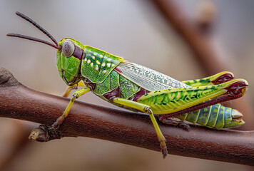 Fototapeta premium A vibrant green grasshopper perched on a brown branch in a natural setting