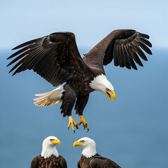 Obraz premium Bald Eagle in Flight Approaching with Two Other Eagles in the Background, Symbolizing Power and Dominance