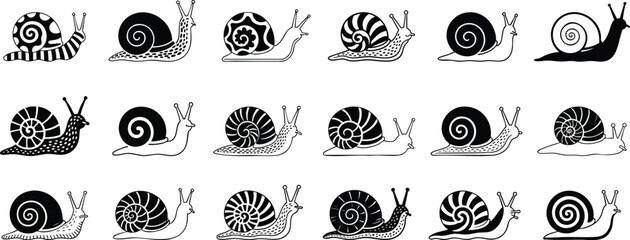 Unique hand-drawn snail designs in black silhouettes collection, stylized Snail Icons, detailed spiral shell and a speckled body vector art. © Madusanka
