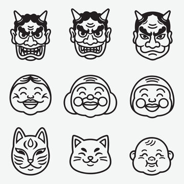 Japanese Traditional Mask and Character Icons Set &ndash; Black and White Line Art