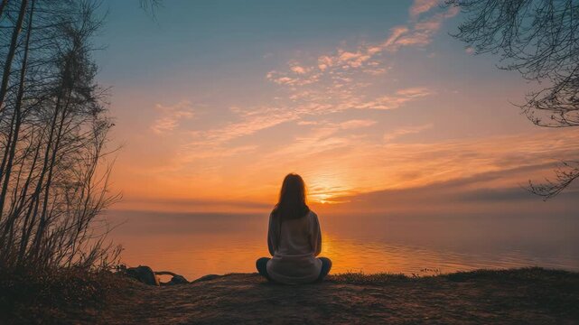 Person sitting quietly in reflection with sunrise light, Easter peace and new life concept 