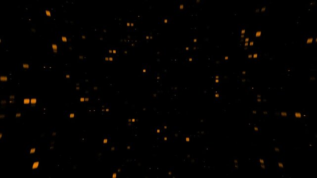 Orange rectangular digital particles moving in abstract space. Sci fi futuristic stream of data flow background for technology concepts.