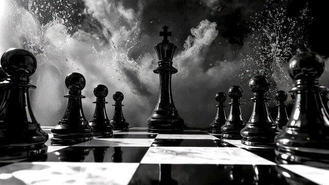 Dramatic chess board scene with black pieces facing white army, smoky atmosphere, strong contrast lighting, strategic gameplay tension