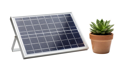 Fototapeta premium Small Solar Panel with Terracotta Potted Succulent Plant isolated PNG with Transparent Background
