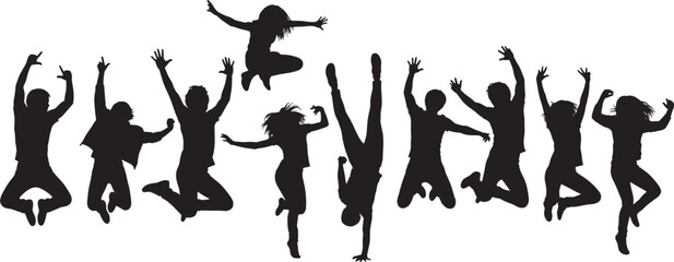 Large set of black silhouettes showing diverse group of young people jumping dancing and celebrating with joy isolated on white background for success concepts.