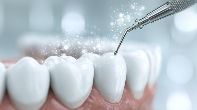 3D illustration of dental air flow teeth cleaning, close-up of professional oral hygiene procedure, realistic dental equipment, sparkling clean teeth, modern dental clinic background