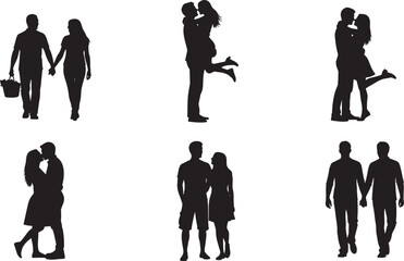 Obraz premium Set of black silhouettes featuring romantic couples holding hands walking hugging and kissing isolated on white background for wedding engagement and valentines day concept