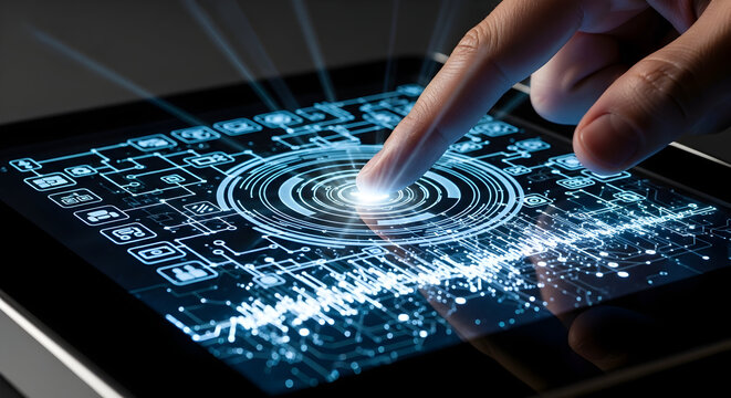 Hand interacting with futuristic touchscreen interface showing data analytics symbolizing digital control and smart management