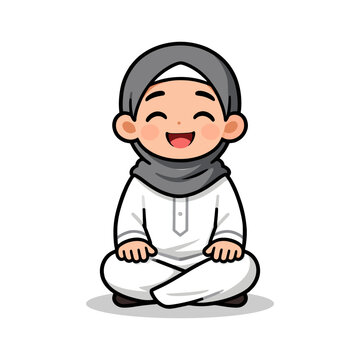 Happy Muslim Child Wearing Hijab Cartoon Vector