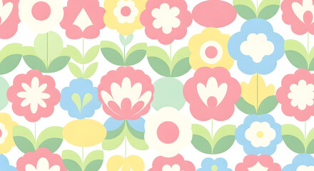Fototapeta premium Beautiful seamless pattern of soft pastel colored abstract flowers and leaves in a flat design style