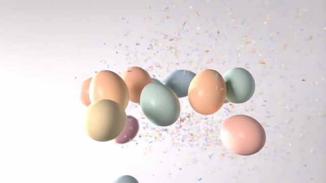 Pastel eggs and swirling confetti celebrating spring and Easter, soft motion on white background