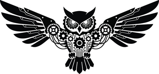Obraz premium Cartoon Robotics Owl Silhouette Vector – Futuristic Mechanical Bird Illustration