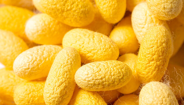 Detailed macro of numerous golden yellow silk cocoons showing rich natural texture for textile use.
