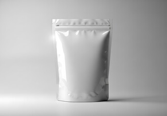 Blank silver stand up pouch mockup isolated on a light gray background