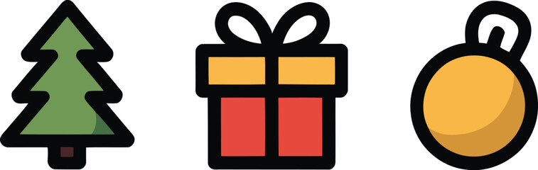 Obraz premium Christmas Icons: Tree, Gift Box, Ornament - Festive Holiday Vector Elements