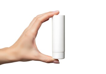 A hand holding a blank white cylindrical tube resembling lip balm or cosmetic product