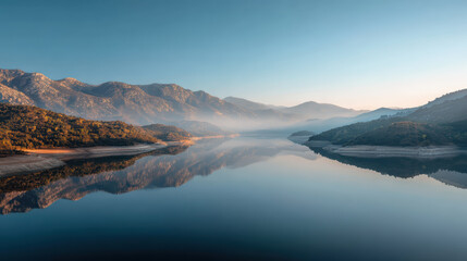 Peaceful Mountain Reflection Over Calm Lake at Sunrise