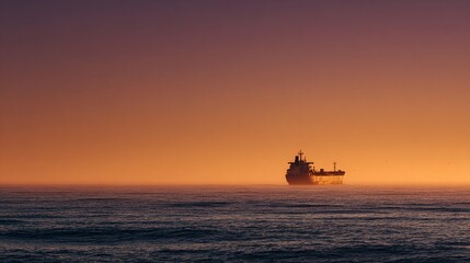 Obraz premium Ship on Calm Sea at Sunset with Gradient Sky and Soft Water Reflection