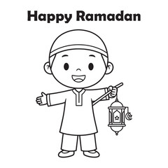 Cute Muslim Boy Holding Fanoos Lantern - Happy Ramadan Coloring Page Vector Illustration © galleryvect