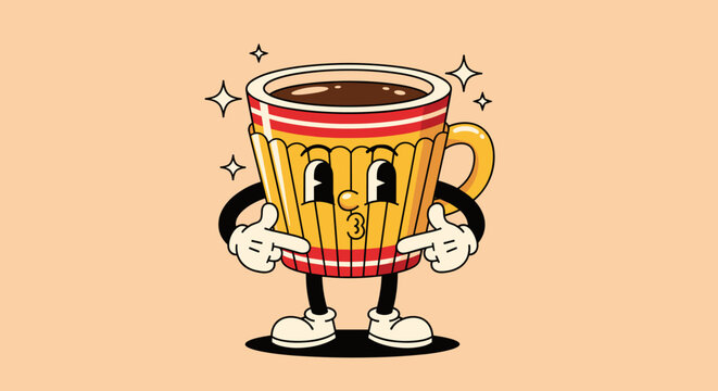 Animated Coffee Cup Character Points with Cartoon Style, Featuring a Retro Vibe with Whimsical Design, Perfect for Beverage Marketing, Graphic Illustration, Mascot Designs and Vint.