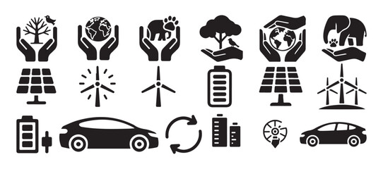 Renewable Energy and Eco Technology Icons Set. Green Power and Sustainable Transportation. vector illustration eps 10